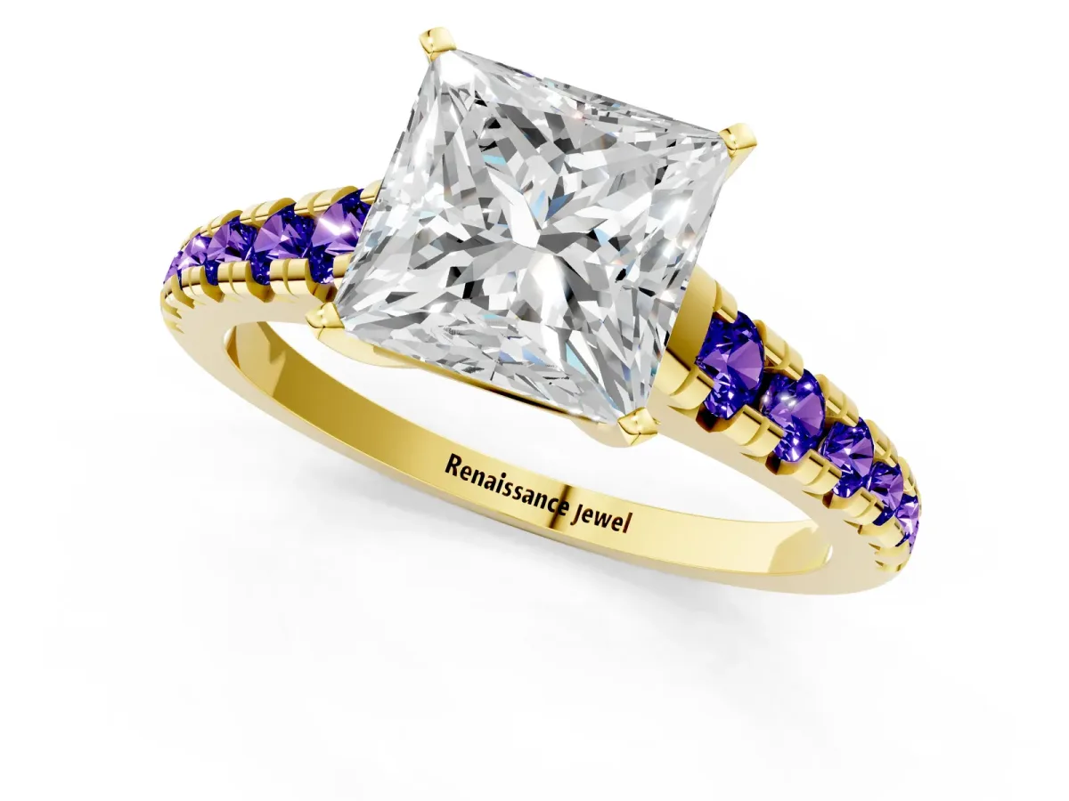 Princess Cut Diamond Cathedral Solitaire Ring with Round Tanzanite Pavé Band Yellow gold