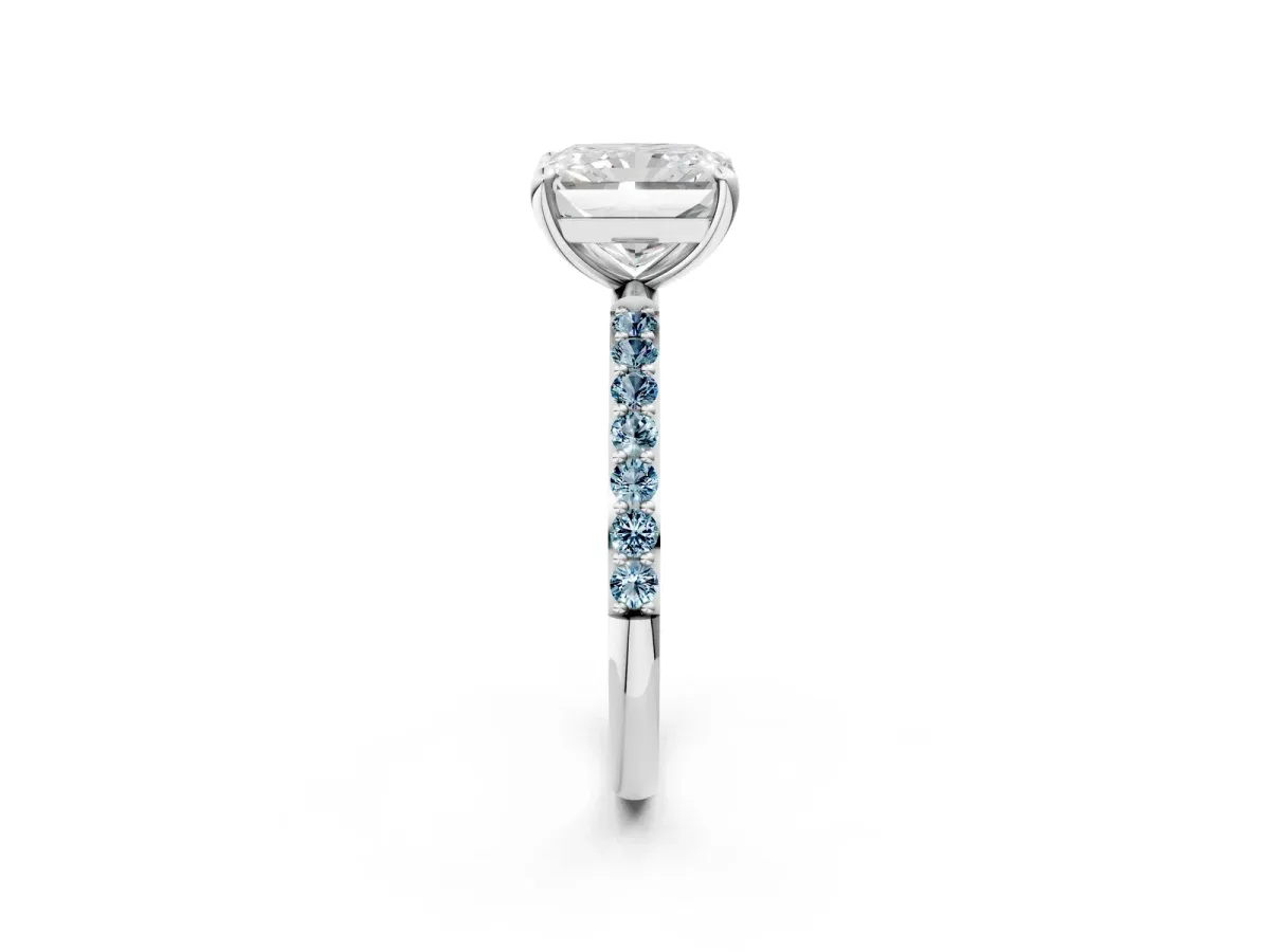 Radiant Cut Diamond Solitaire Ring with Round Aquamarine Pavé Band and Prong Setting White gold