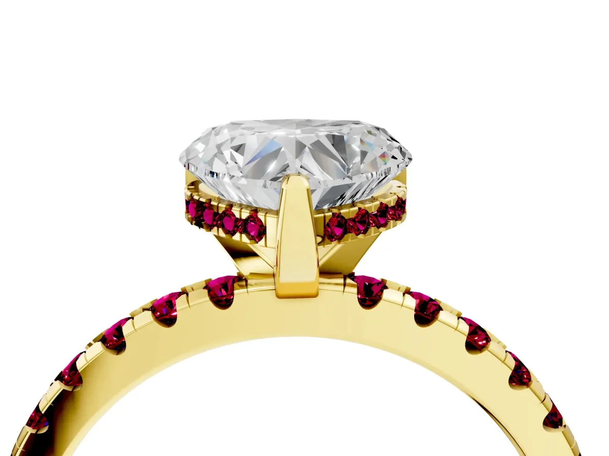 Heart Cut Diamond Solitaire Ring with Round Garnet Pavé Band and Four-Prong Setting Yellow gold