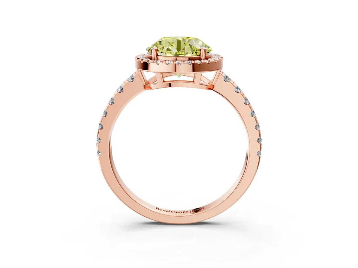 Fancy Yellow Round Cut Diamond Halo Ring with Pavé Band and Four-Prong Setting Rose gold
