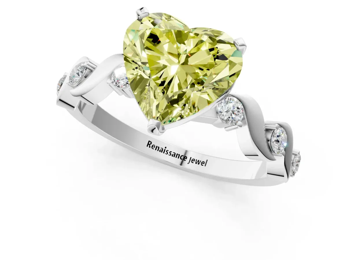 Fancy Yellow Heart Cut Diamond Solitaire Twisted Band with Round Accents and Prong Setting White gold