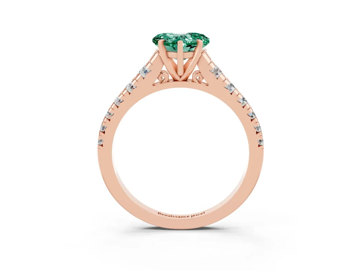 Heart Cut Green Sapphire Cathedral Solitaire Ring with Round Pavé Band Rose gold