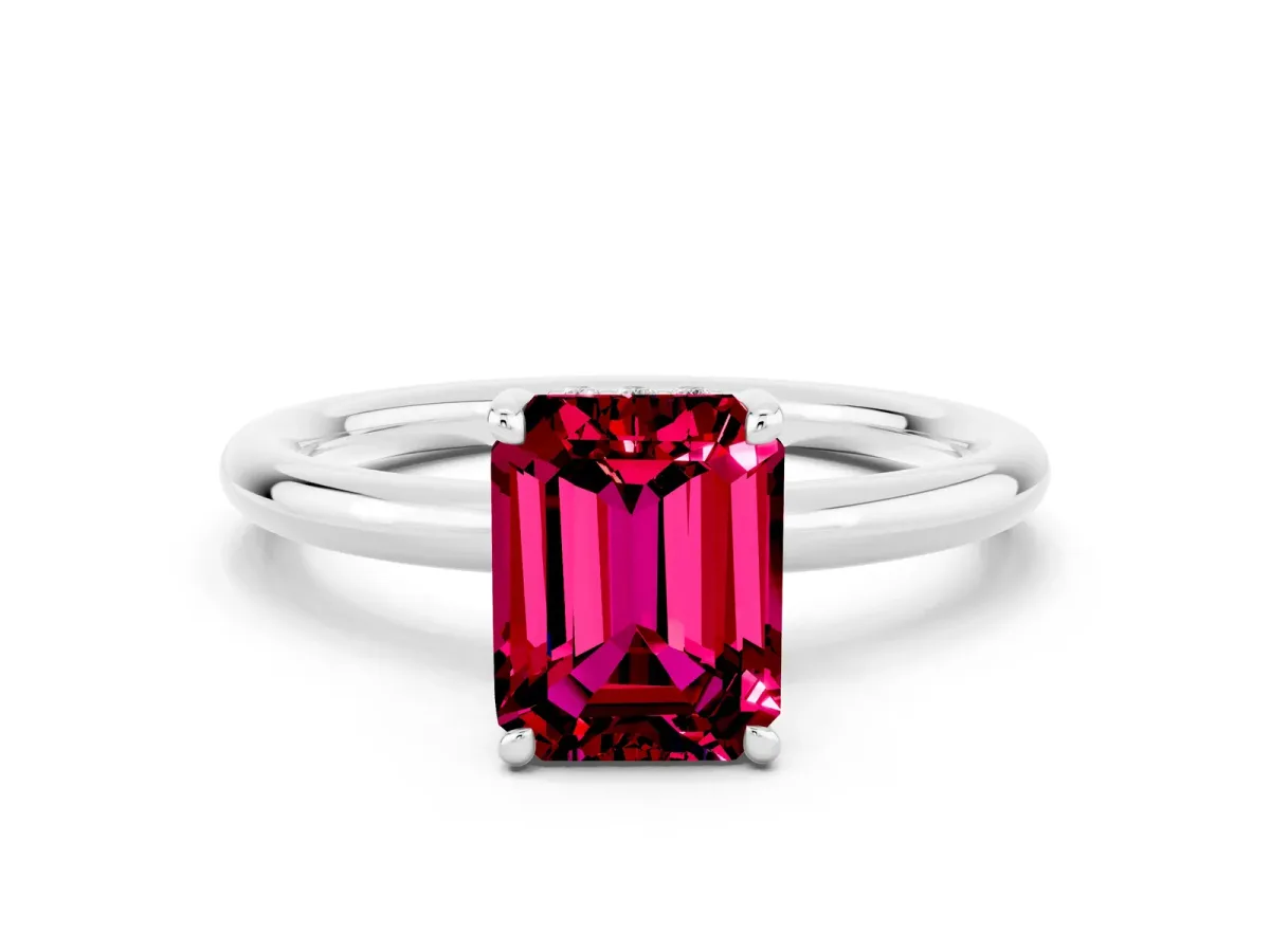 Emerald Cut Garnet Solitaire Ring with Thin Band and Four-Prong Setting White gold