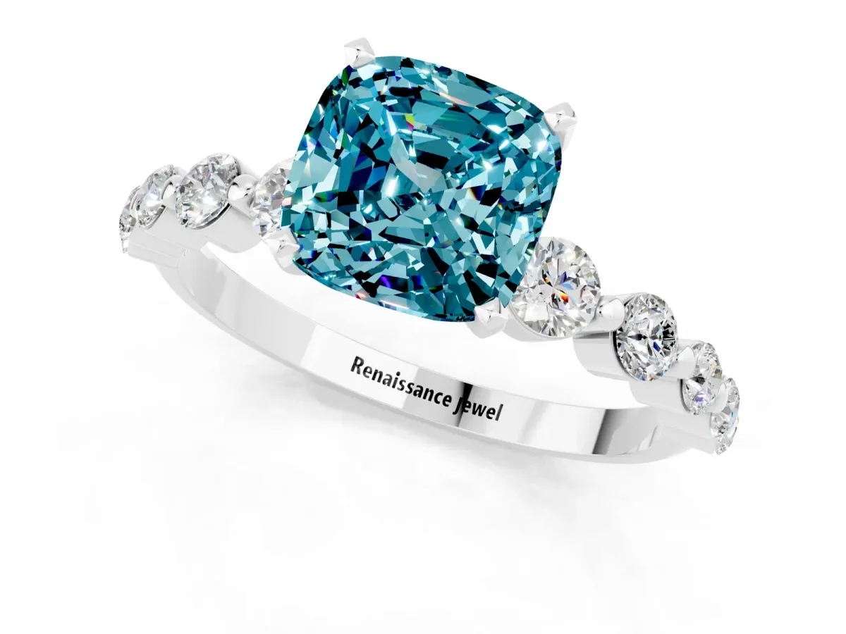 Cushion Cut Solitaire Blue Topaz Ring with Pave Band and Four-Prong Setting Silver