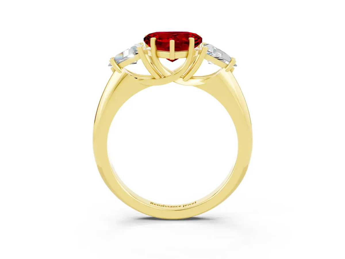 Three-Stone Heart Cut Ruby Engagement Ring with Trillion Side Stones and Prong Setting Yellow gold
