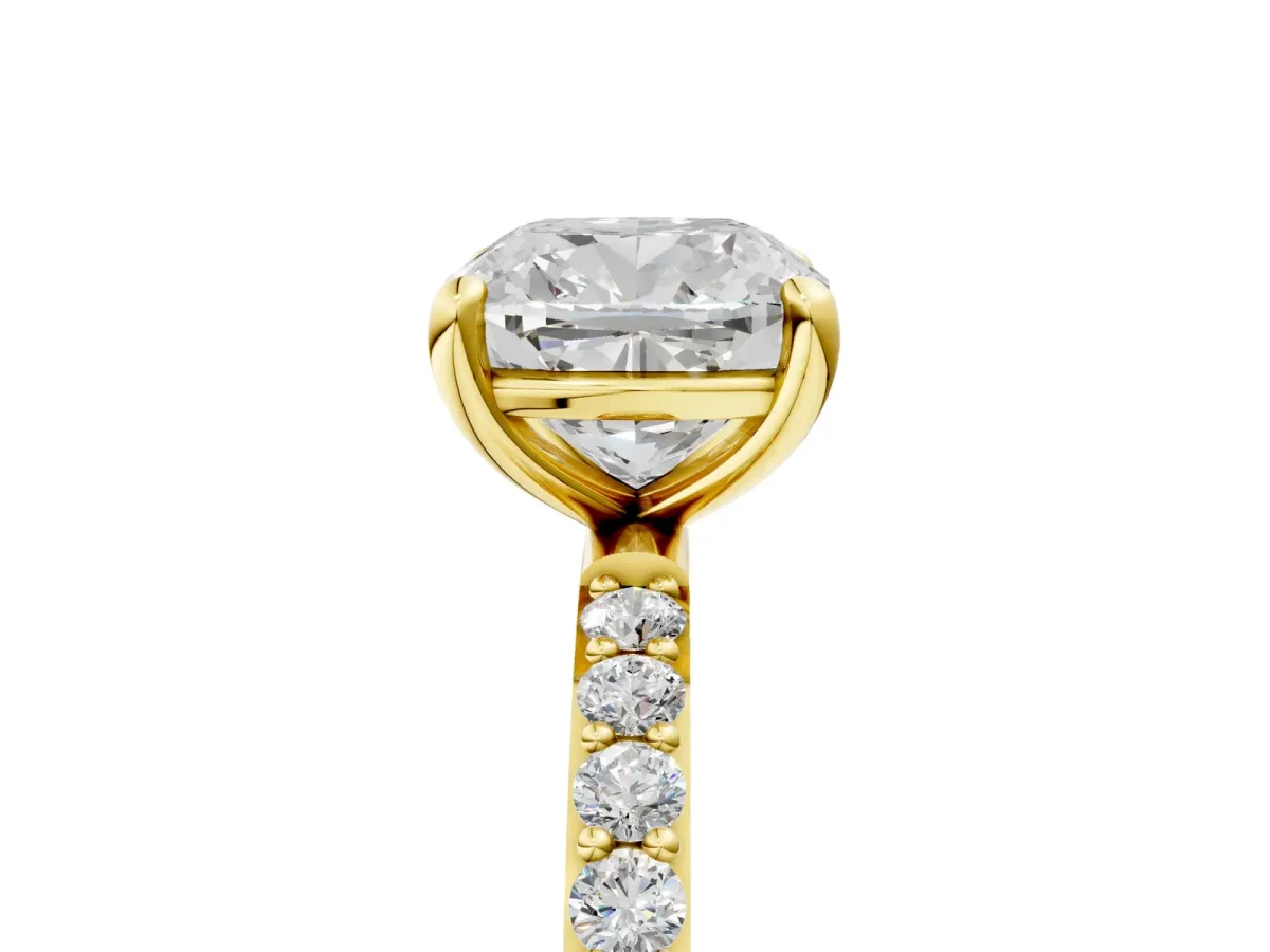Cushion Cut Diamond Solitaire Ring with Round Pavé Band and Prong Setting Yellow gold