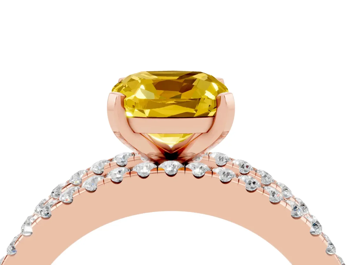 Cushion Cut Yellow Sapphire Solitaire Ring with Pavé and Channel Set Band Rose gold