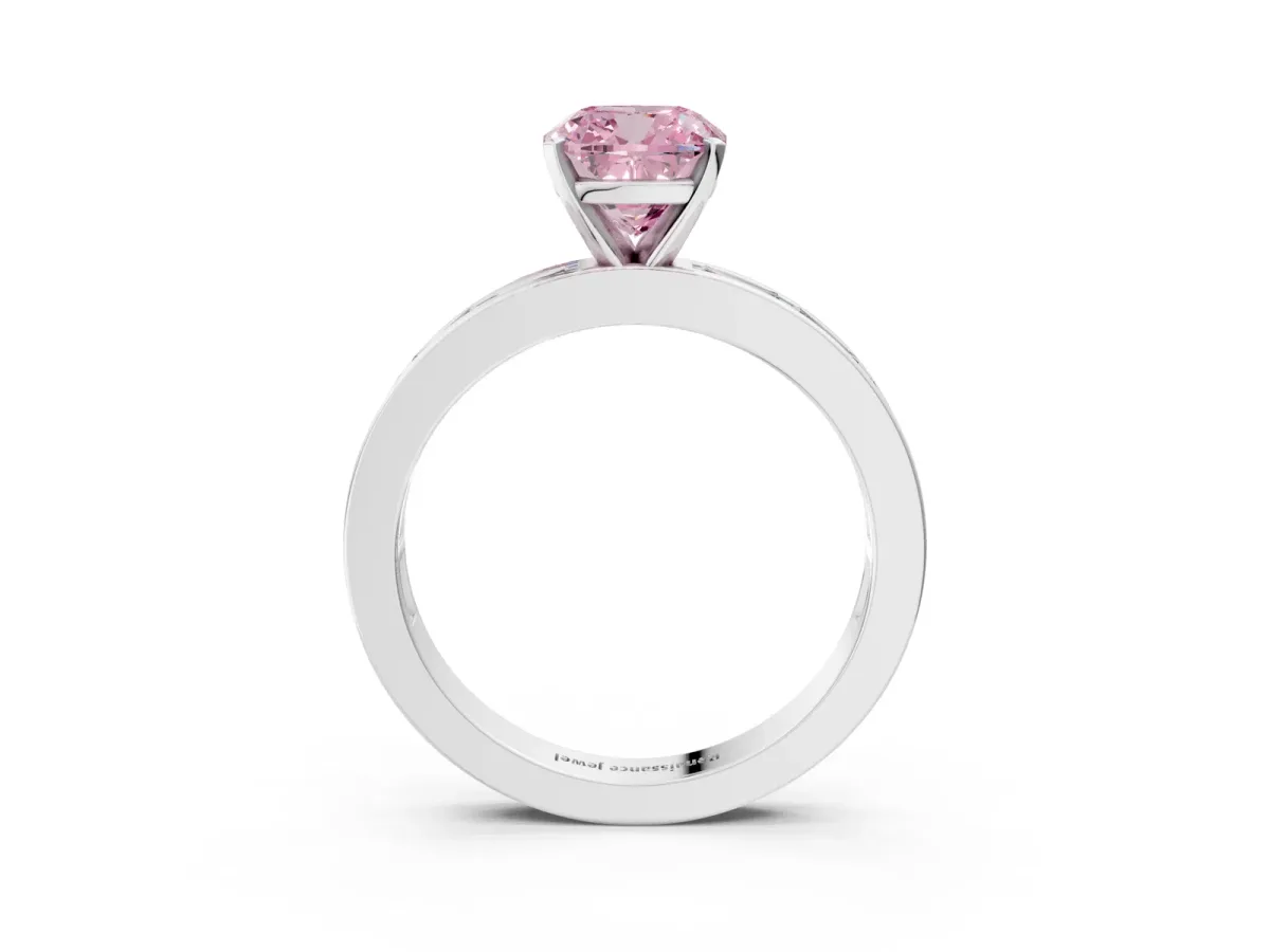 Fancy Pink Cushion Cut Solitaire Diamond Ring with Channel-Set Baguette Band and Four-Prong Setting White gold