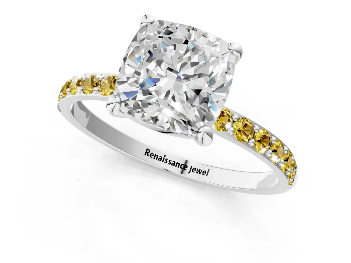 Cushion Cut Diamond Solitaire Ring with Round Yellow Sapphire Pavé Band and Prong Setting White gold
