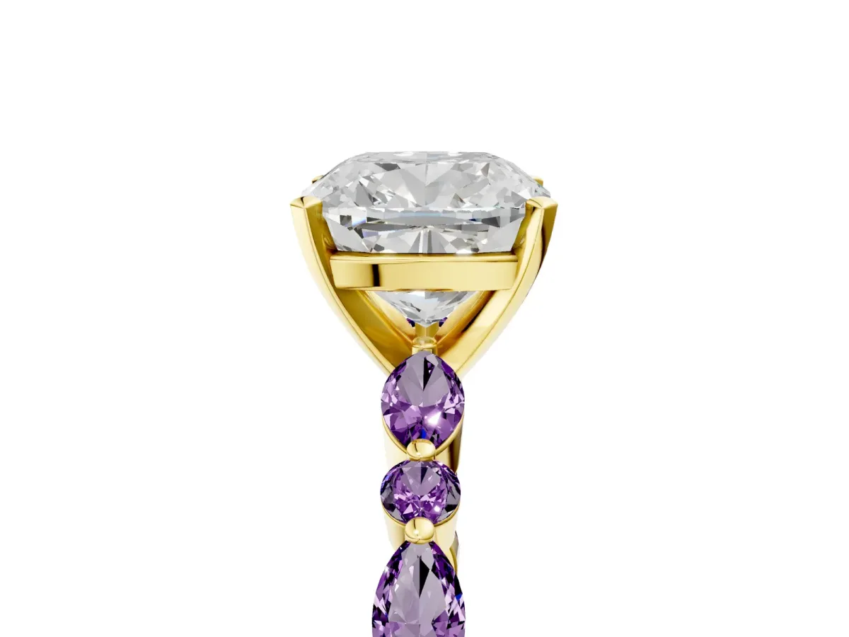 Cushion Cut Diamond Ring with Marquise and Round Amethyst Side Stones and Four-Prong Setting Yellow gold