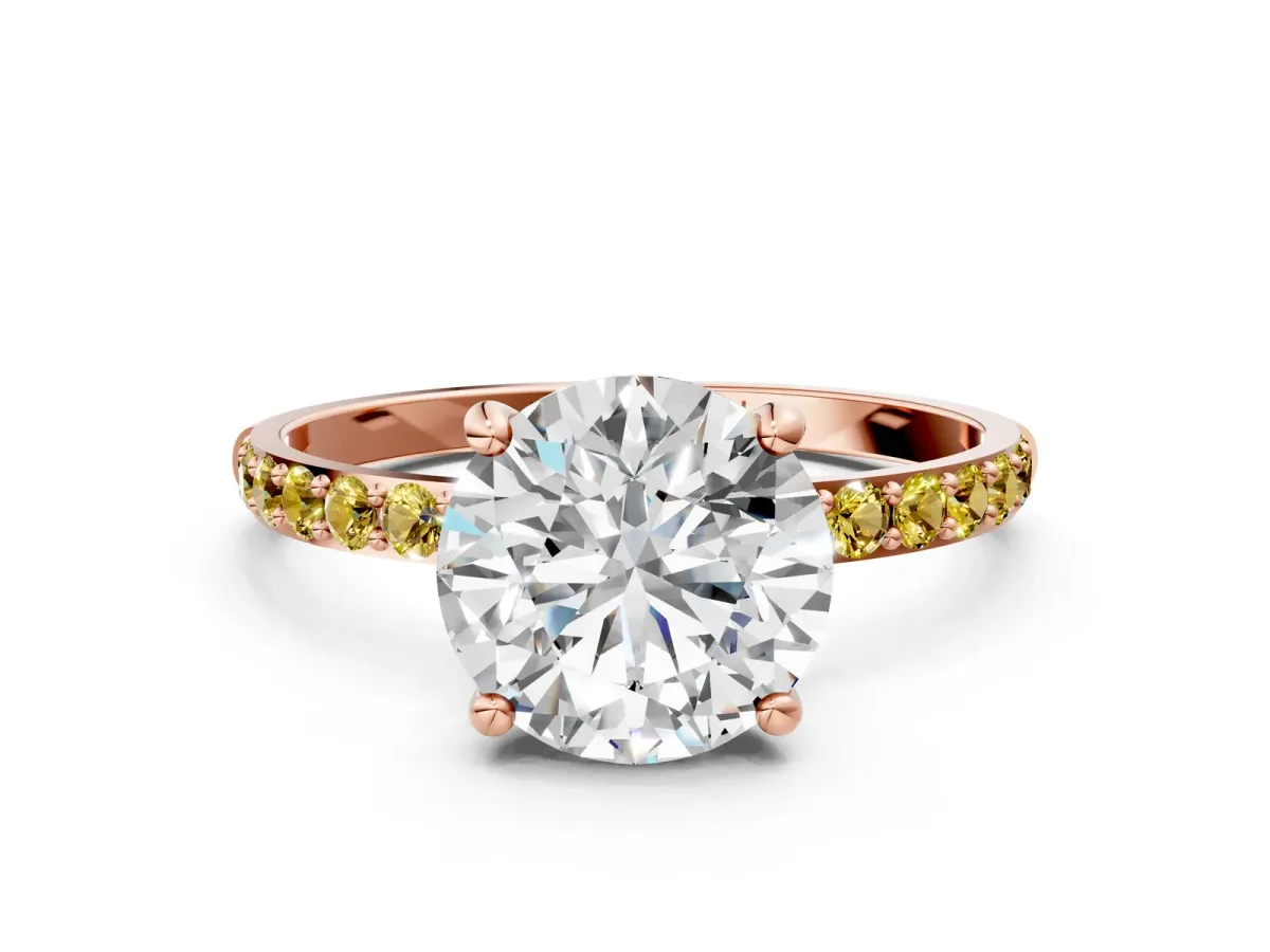 Round Cut Diamond Solitaire Ring with Round Yellow Sapphire Pavé Band and Prong Setting Rose gold