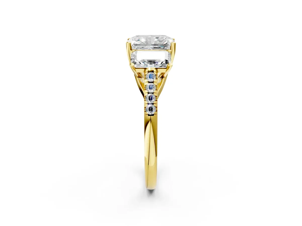 Three-Stone Radiant Cut Diamond Ring with Round Moissanite Pavé Band and Prong Setting Yellow gold