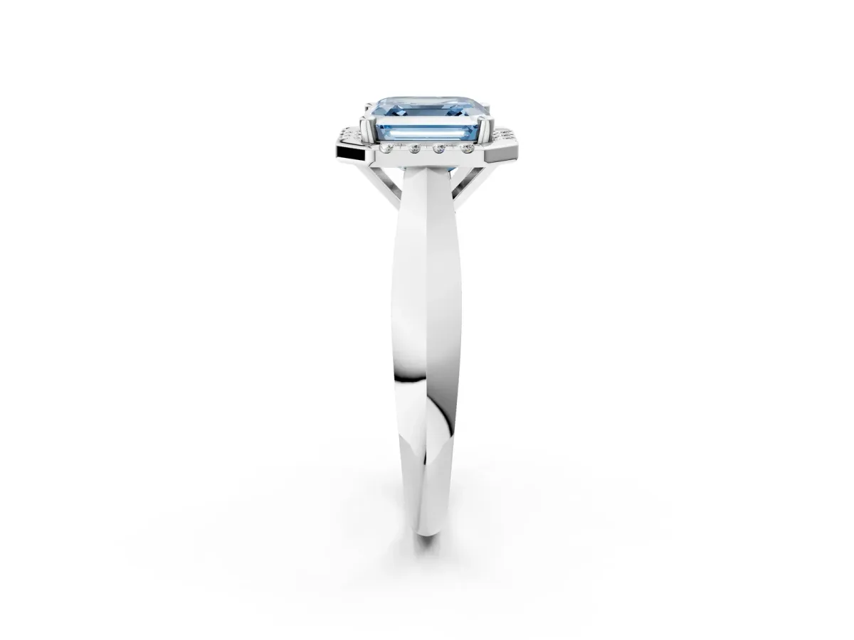 Fancy Blue Asscher Cut Cut Halo Solitaire Engagement Ring with Square Band and Four-Prong Setting White gold