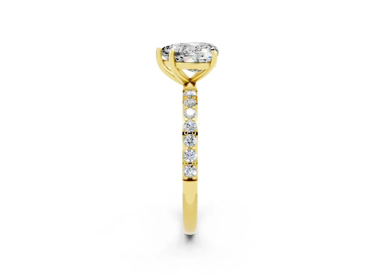 Heart Cut Moissanite Solitaire Ring with Round Pavé Band and Prong Setting Yellow gold