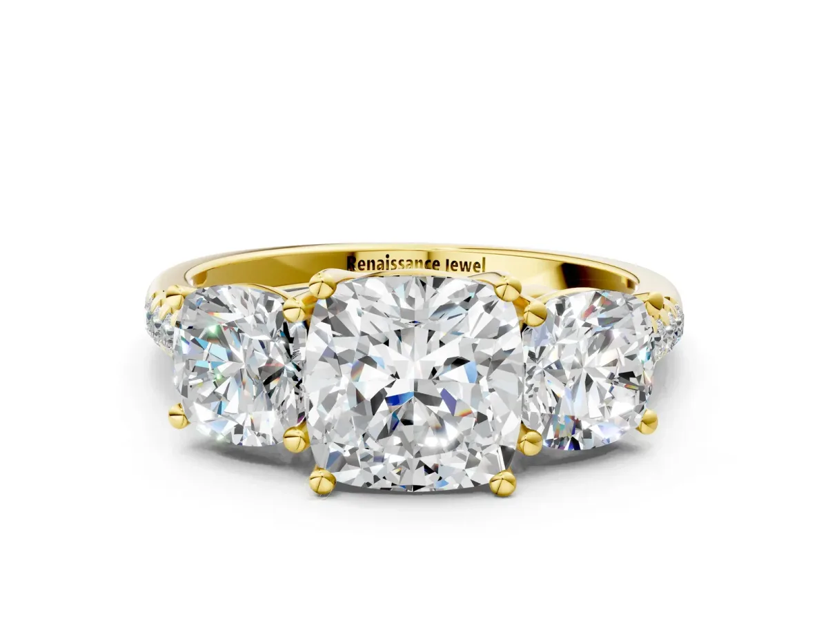 Fancy Green Three-Stone Cushion Cut Diamond Ring with Round Pavé Band and Prong Setting Yellow gold