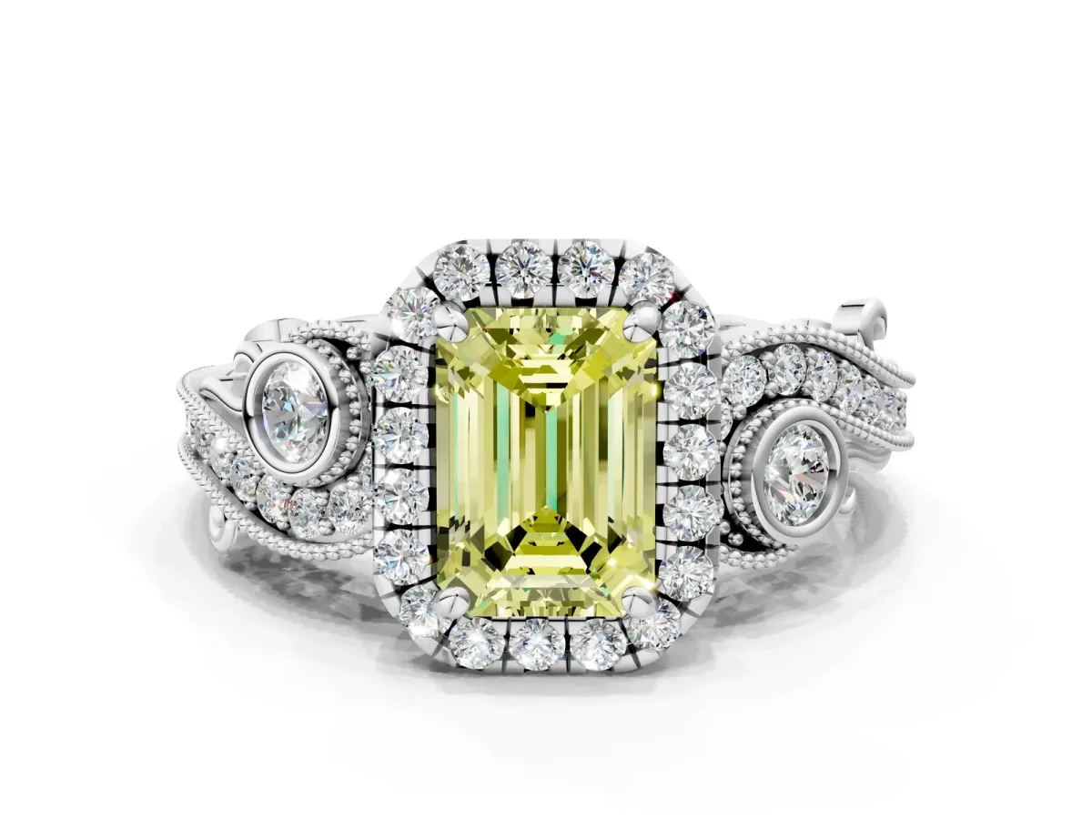 Fancy Yellow Emerald Cut Diamond Halo Ring with Milgrain Pavé Band and Four-Prong Setting White gold