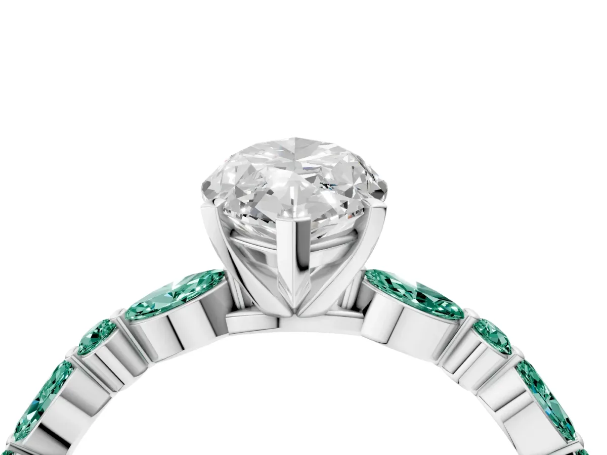Marquise Cut Diamond Ring with Marquise and Round Green Sapphire Side Stones and Four-Prong Setting Platinum