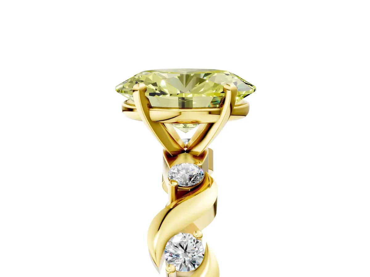 Fancy Yellow Oval Cut Diamond Solitaire Twisted Band with Round Accents and Prong Setting Yellow gold