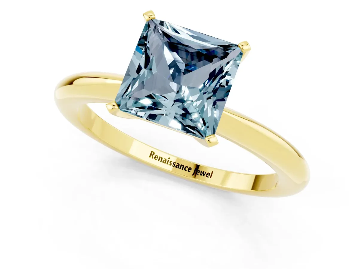 Princess Cut Aquamarine Solitaire Ring with Six-Prong Setting and Classic Band Yellow gold