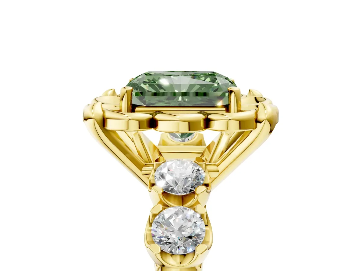Fancy Green Radiant Cut Cut Diamond Floral Halo Engagement Ring with Shared Prong Setting Yellow gold