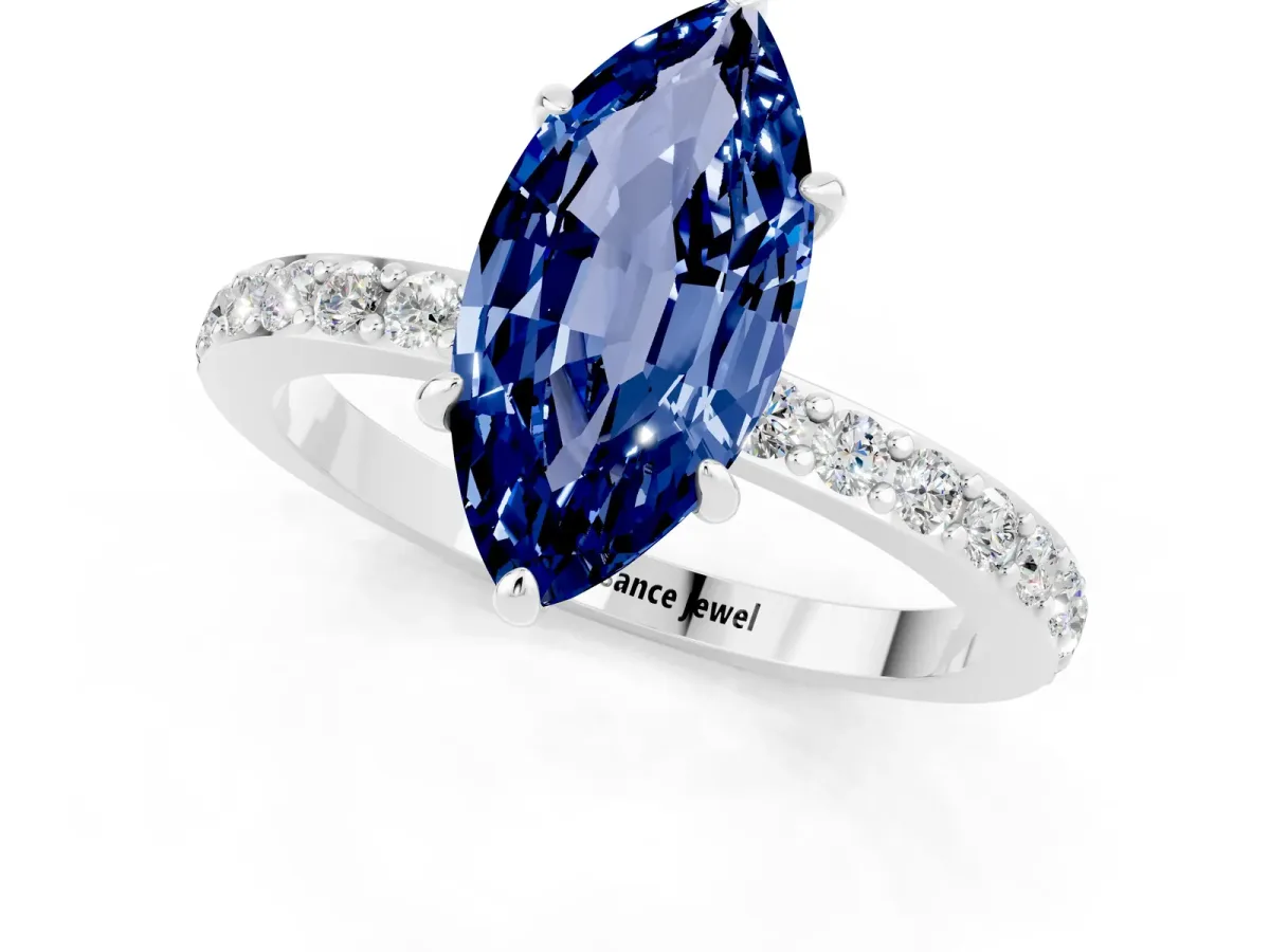 Marquise Cut Blue Sapphire Solitaire Engagement Ring with Pavé Band and Four-Prong Setting White gold