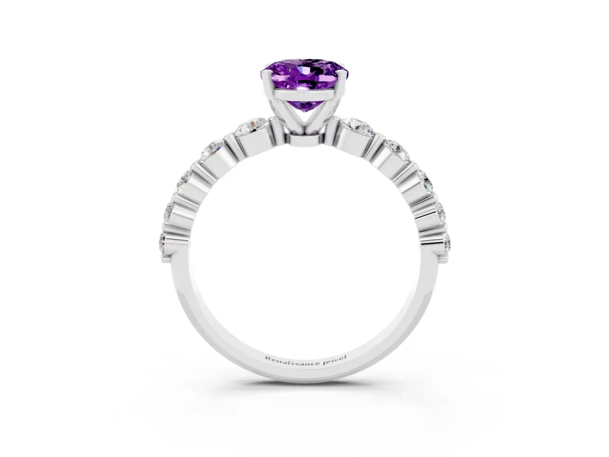 Oval Cut Solitaire Amethyst Ring with Pave Band and Four-Prong Setting Platinum
