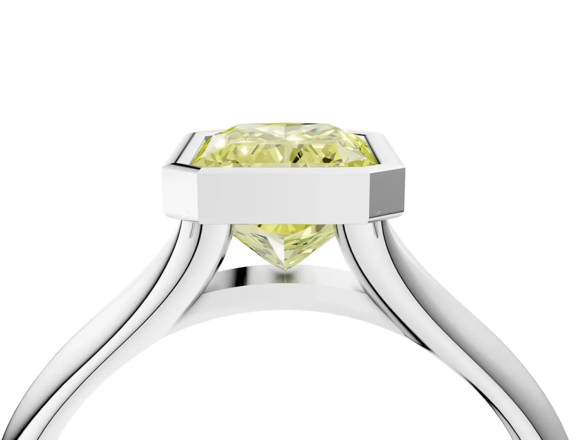 Fancy Yellow Bezel Set Radiant Cut Solitaire Diamond Ring with Smooth Band Platinum
