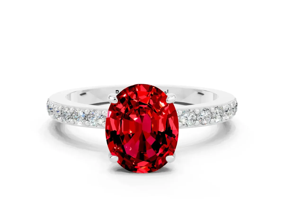 Oval Cut Ruby Solitaire Engagement Ring with Pavé Band and Four-Prong Setting White gold