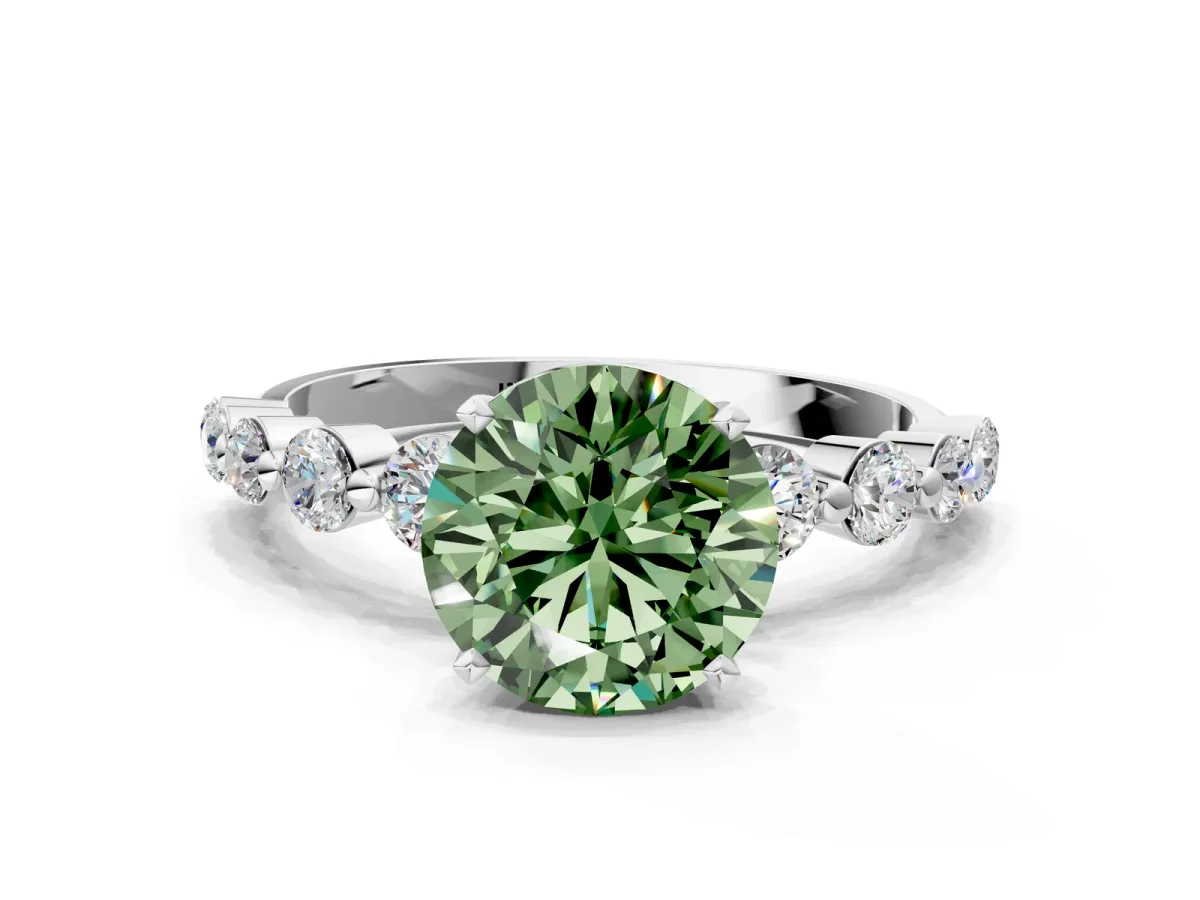 Fancy Green Round Cut Solitaire Diamond Ring with Pave Band and Four-Prong Setting Silver