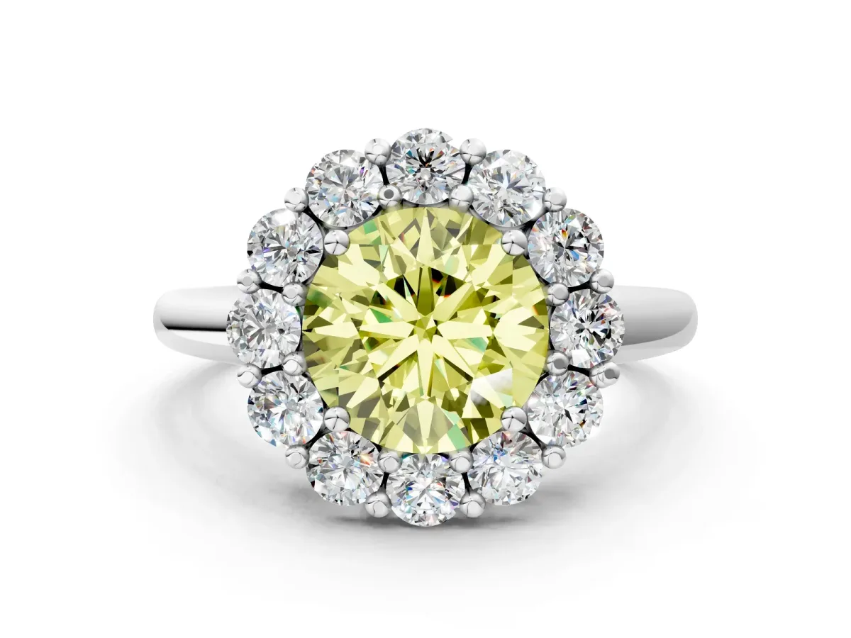 Fancy Yellow Round Cut Halo Cluster Diamond Engagement Ring with Prong Setting and Polished Band White gold