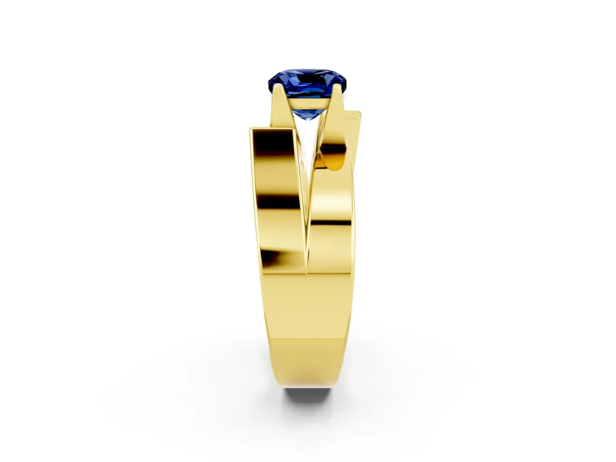 Modern Tension Set Cushion Cut Blue Sapphire Solitaire Wide Band Ring Yellow gold