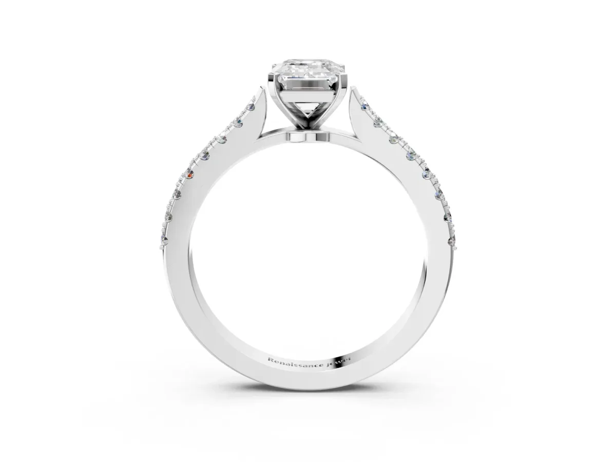 Emerald Cut Cut Solitaire Diamond Engagement Ring with Pave Band and Four-Prong Setting Silver