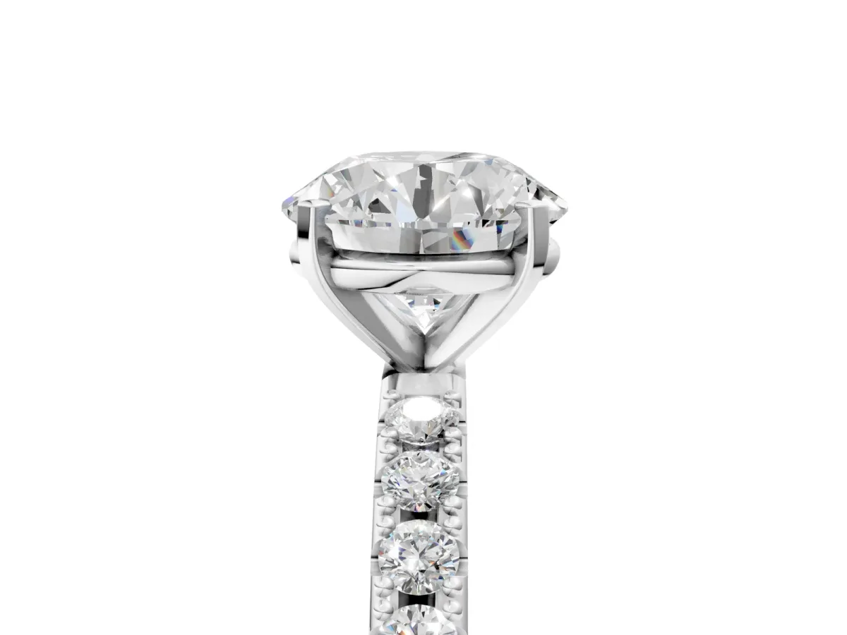 Round Cut Diamond Solitaire Pavé Band with Four-Prong Setting Silver