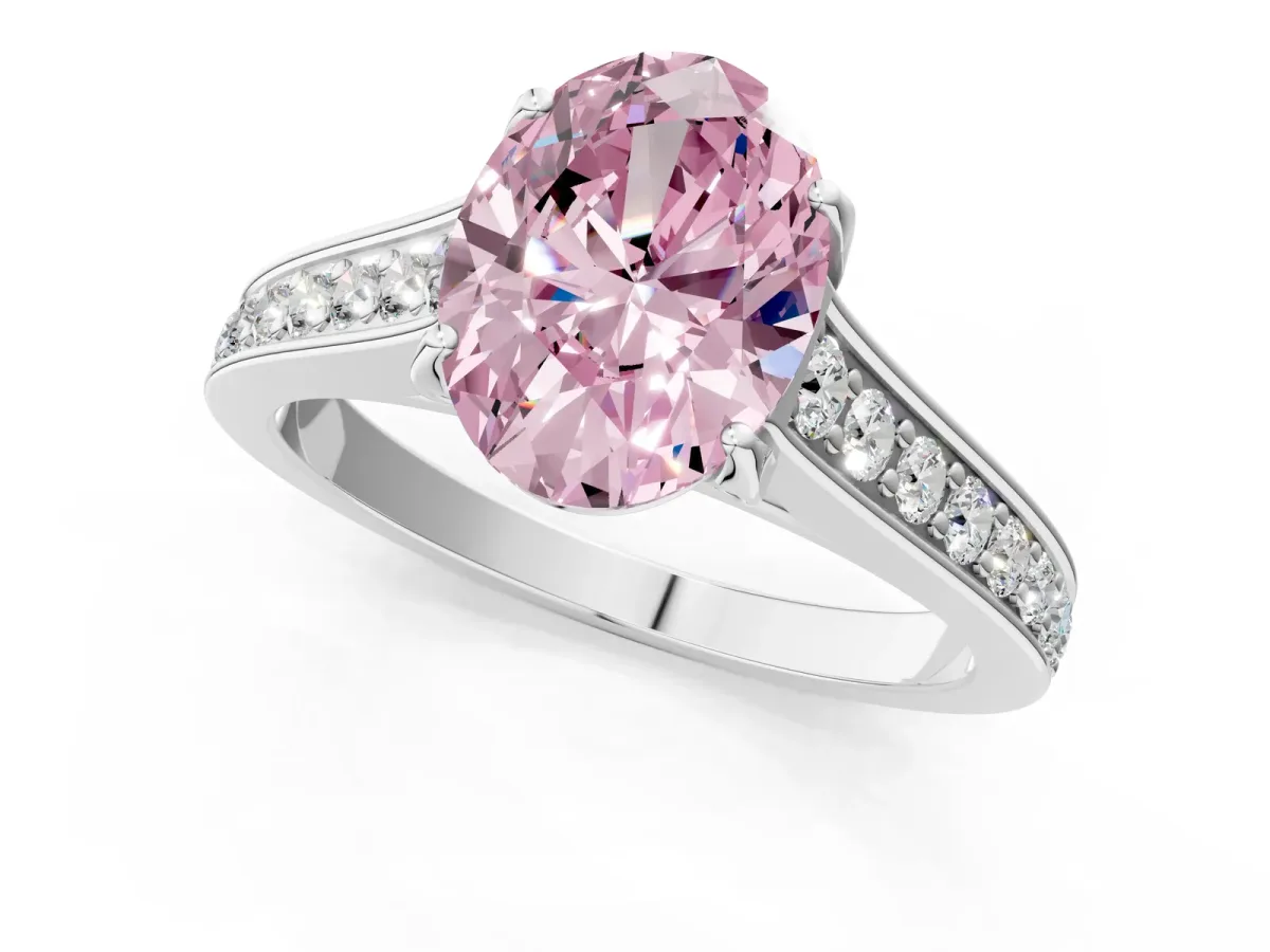 Fancy Pink Oval Cut Brilliant Cut Diamond Engagement Ring with Pavé Band and Four-Prong Setting Platinum