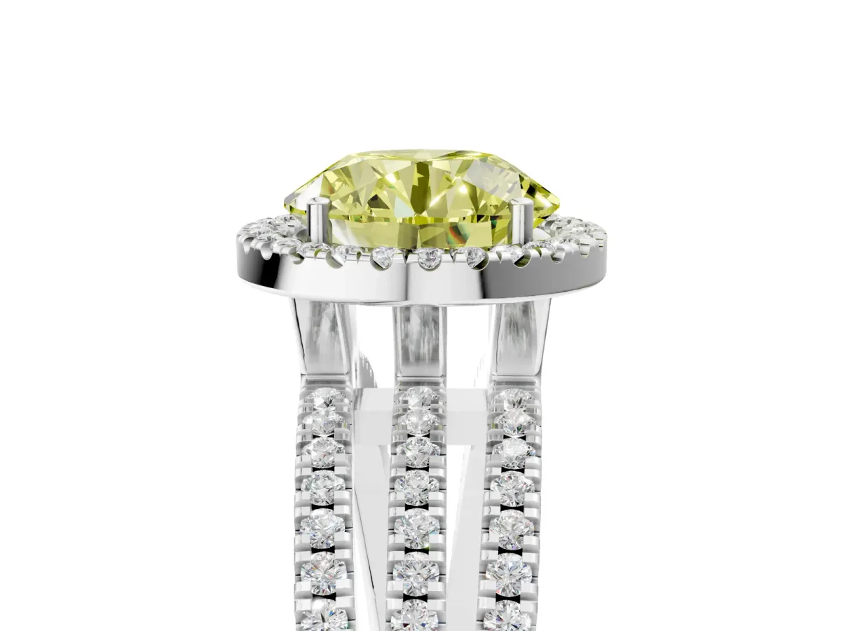 Fancy Yellow Round Cut Diamond Halo Engagement Ring with Split Shank and Four-Prong Setting Platinum