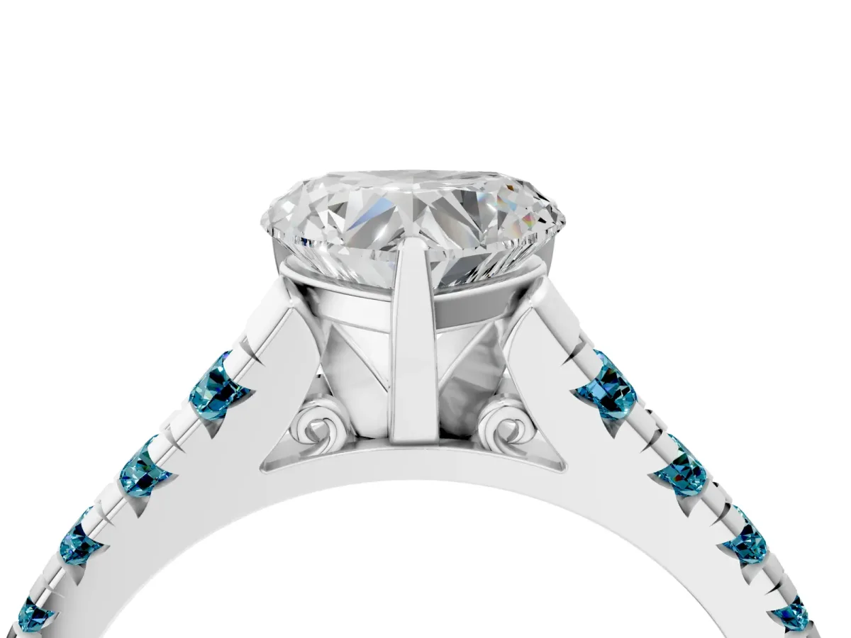 Heart Cut Diamond Cathedral Solitaire Ring with Round Blue Topaz Pavé Band White gold