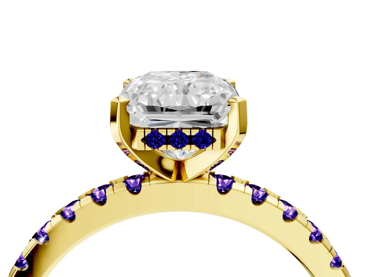 Radiant Cut Diamond Solitaire Ring with Round Tanzanite Pavé Band and Four-Prong Setting Yellow gold
