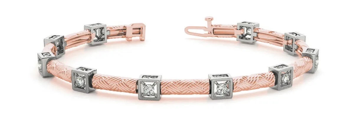 Square Box Diamond Bracelet with Round Cut Stones and Braided Band Rose gold