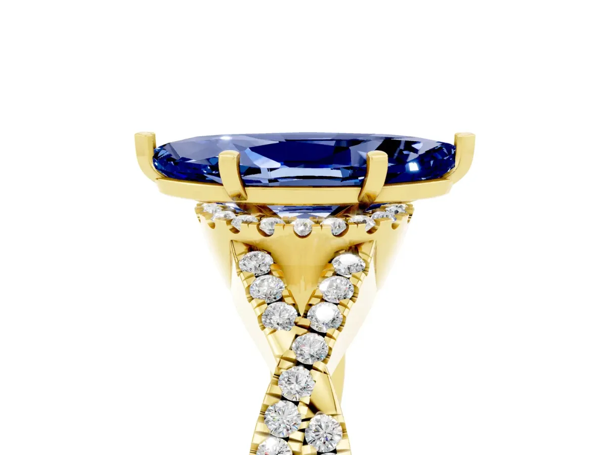Marquise Cut Blue Sapphire Halo Twist Band Solitaire Prong Setting Ring Yellow gold