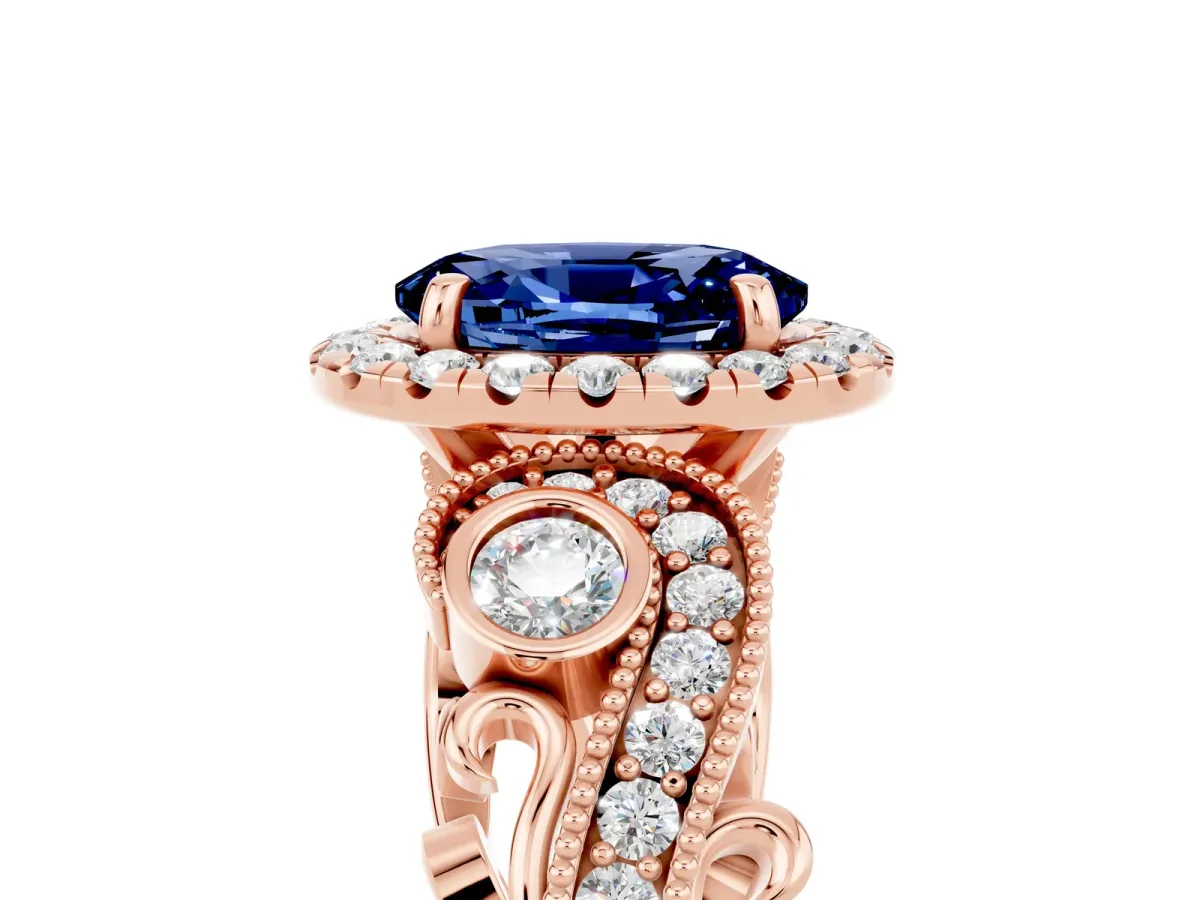 Oval Cut Blue Sapphire Halo Ring with Milgrain Pavé Band and Four-Prong Setting Rose gold