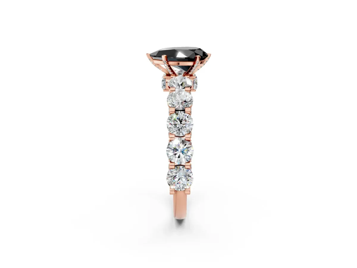Fancy Black Pear Cut Diamond Side Stone Engagement Ring with Four-Prong Setting Rose gold