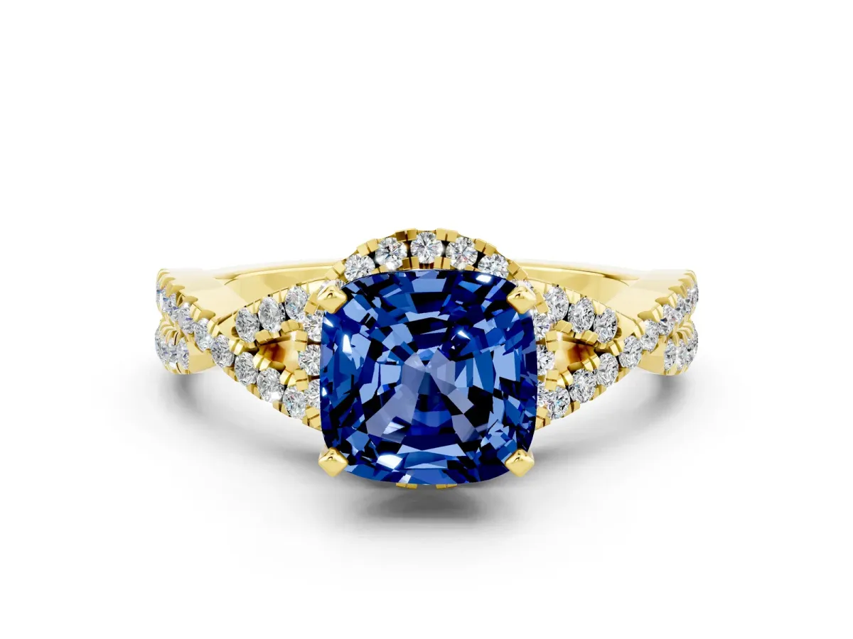 Cushion Cut Blue Sapphire Halo Twist Band Solitaire Prong Setting Ring Yellow gold