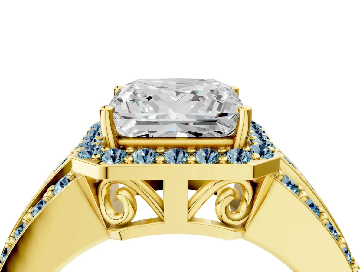 Princess Cut Halo Diamond Ring with Round Aquamarine Split Shank and Prong Setting Yellow gold