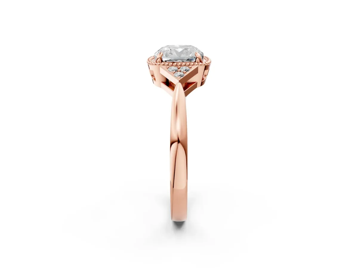 Cushion Cut Diamond Halo Ring with Tapered Band and Four-Prong Setting Rose gold