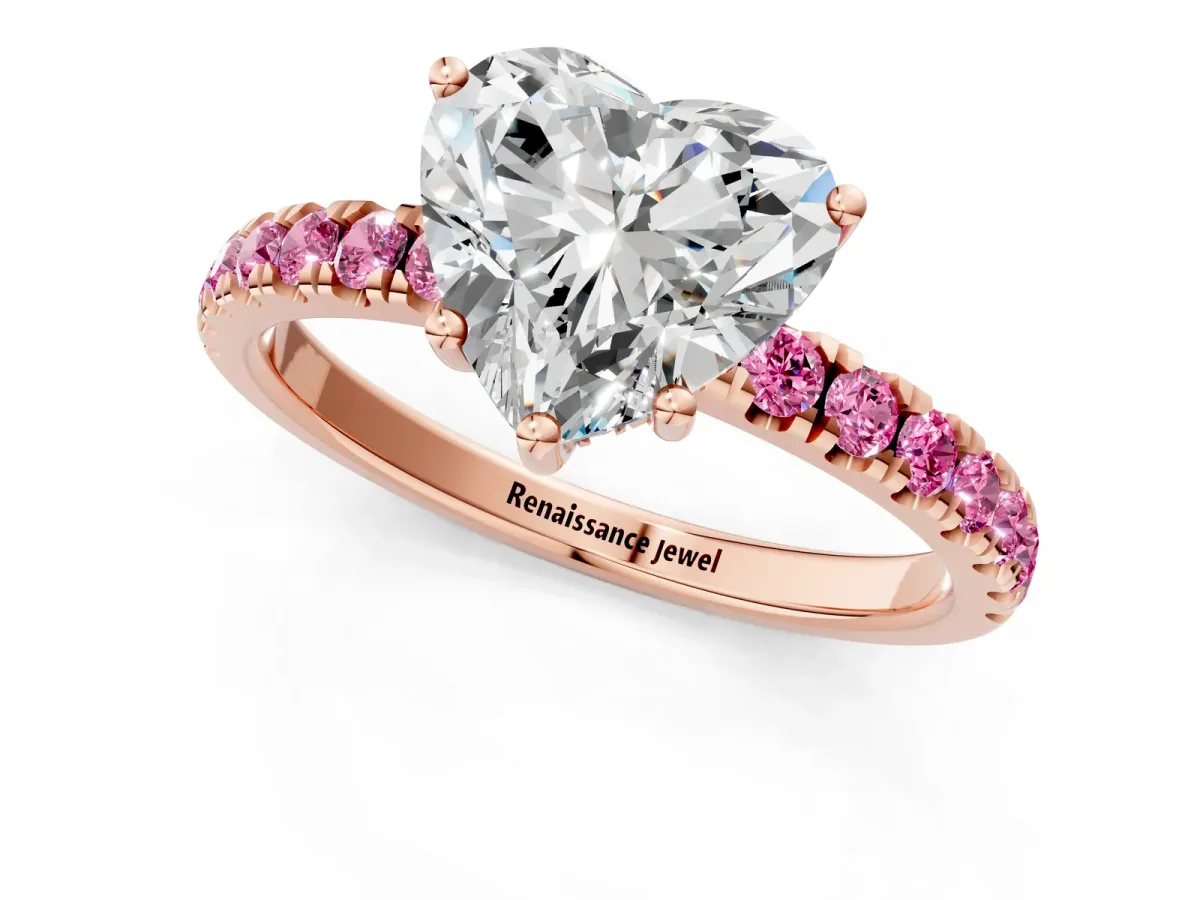 Heart Cut Diamond Pave Band Solitaire Ring with Round Pink Sapphire and Prong Setting Rose gold