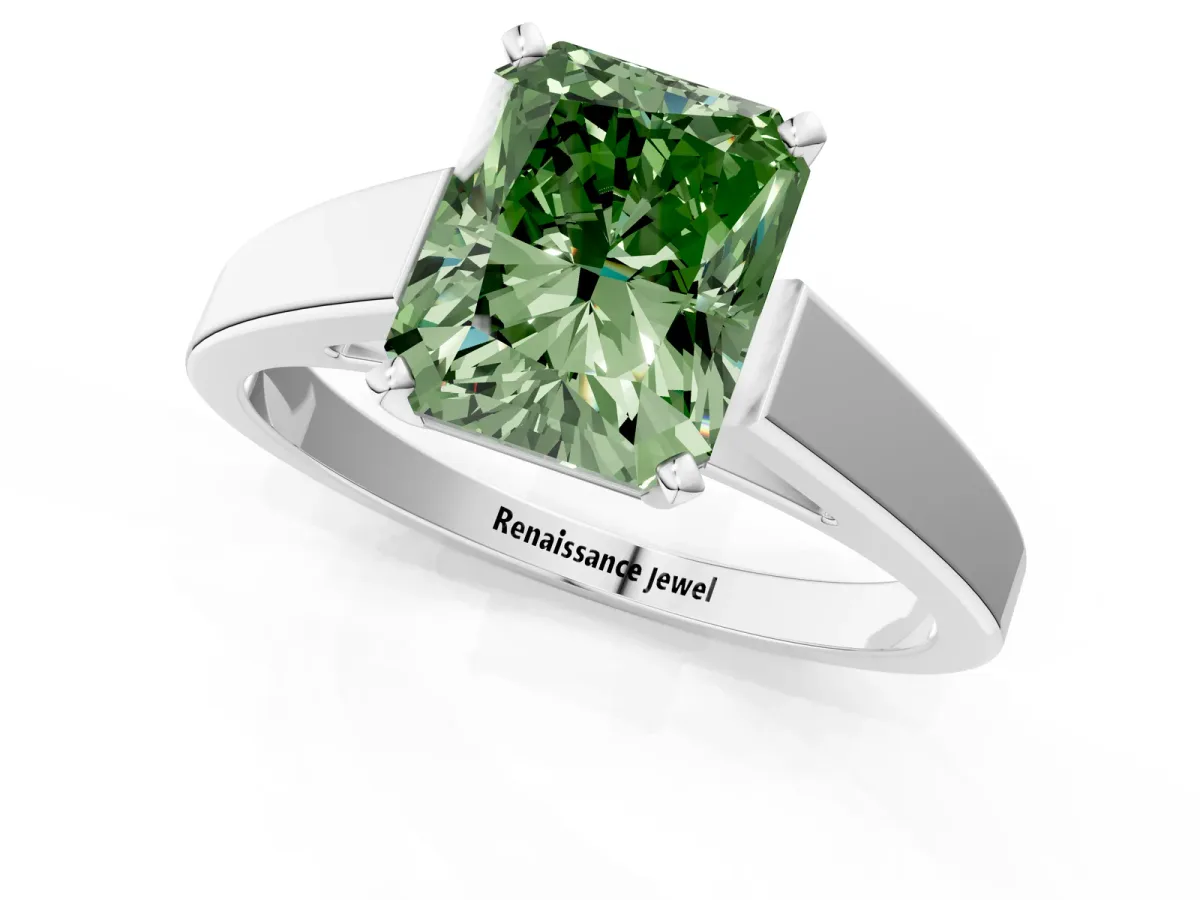 Fancy Green Radiant Cut Solitaire Engagement Ring with Four-Prong Setting and Tapered Band Platinum