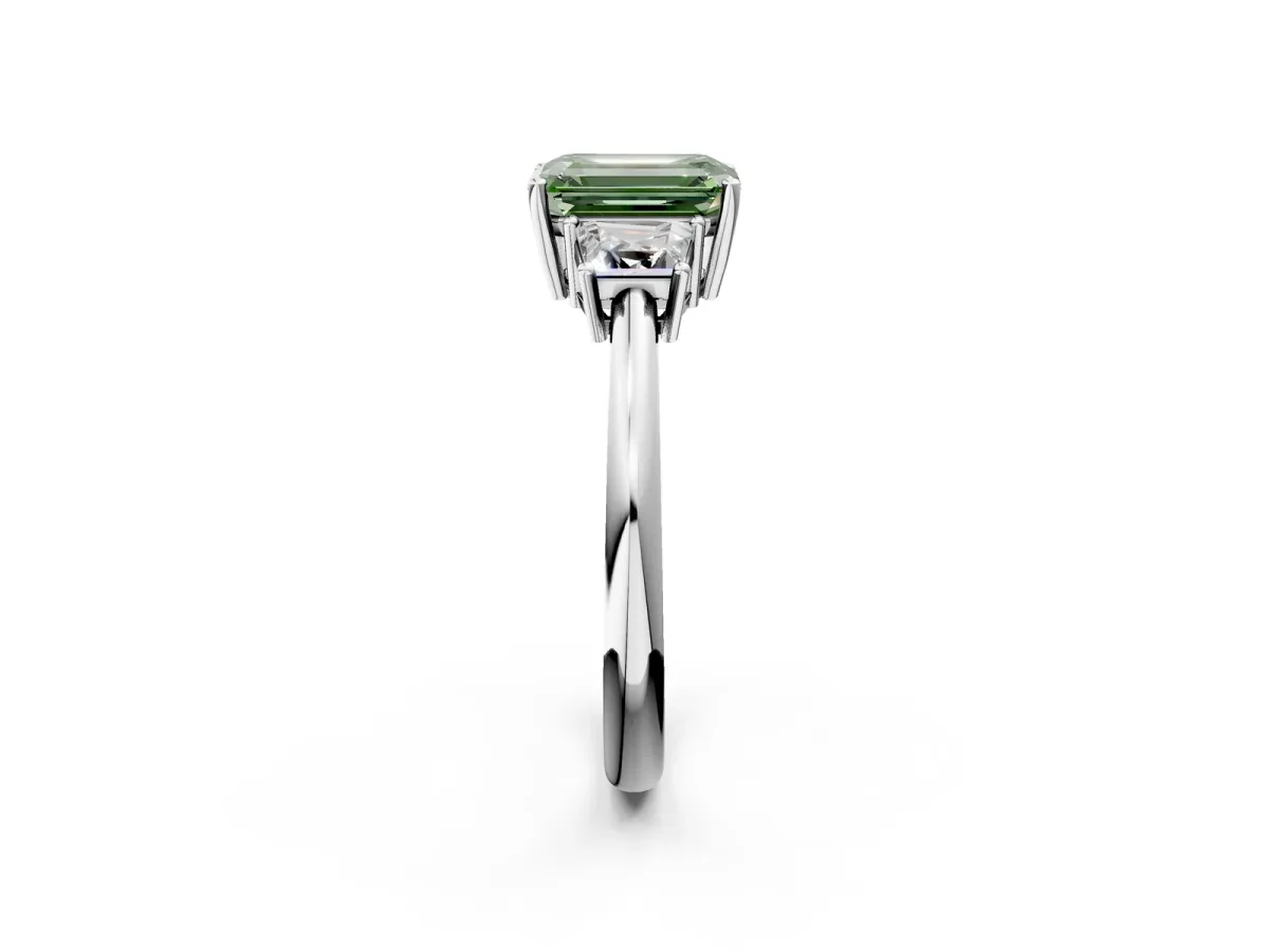 Fancy Green Emerald Cut Diamond Three-Stone Ring with Trapezoid Side Stones and Prong Setting White gold