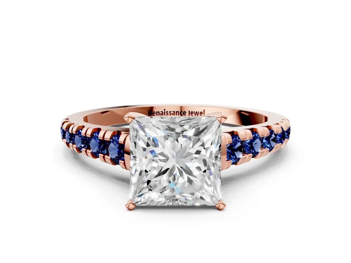 Princess Cut Diamond Cathedral Solitaire Ring with Round Blue Sapphire Pavé Band Rose gold