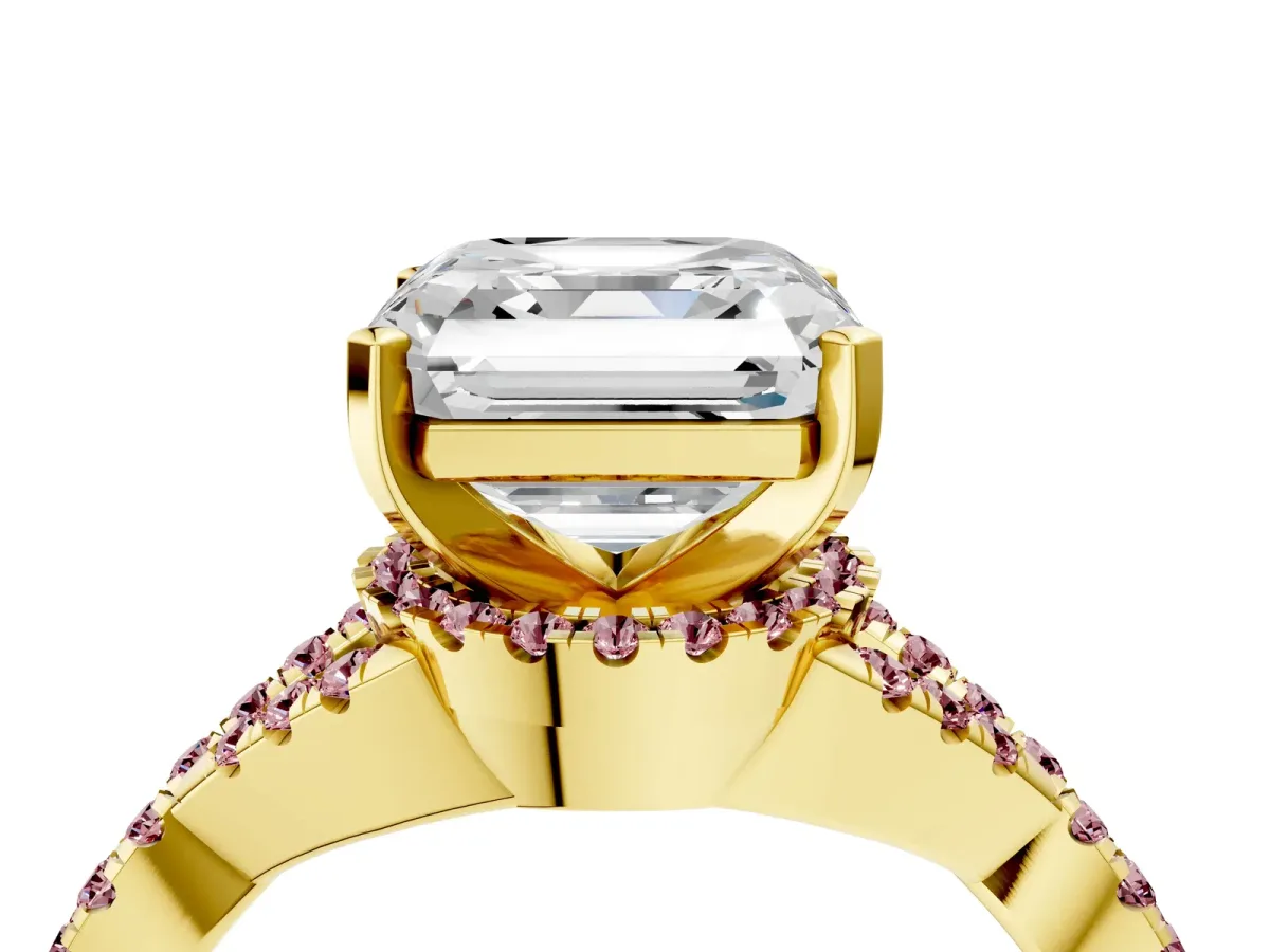 Asscher Cut Diamond Morganite Halo Twist Band Solitaire Prong Setting Ring Yellow gold
