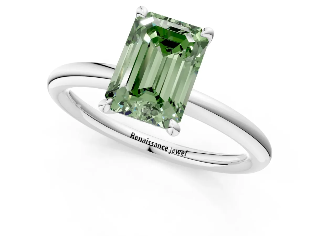 Fancy Green Emerald Cut Diamond Solitaire Ring with Thin Band and Four-Prong Setting Platinum